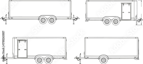 Utility trailer vector set, enclosed cargo transport, dual axle view, cad drawing flat illustration collection