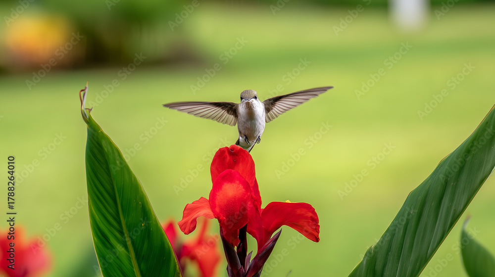 Obraz premium A hummingbird hovers near a red flower, its wings moving fast against a green background. wildlife magazines, conservation campaigns, designed for nature documentaries and education.