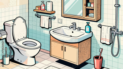 A collection of bathroom bath products, featuring cartoon hand-drawn vector illustrations, including body wash, shampoo, soap, toothbrush, toothpaste, mirror, towel and comb