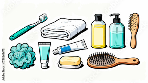 A collection of bathroom bath products, featuring cartoon hand-drawn vector illustrations, including body wash, shampoo, soap, toothbrush, toothpaste, mirror, towel and comb