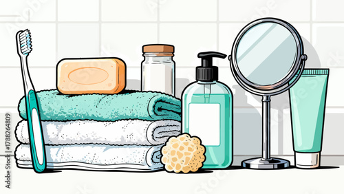 A collection of bathroom bath products, featuring cartoon hand-drawn vector illustrations, including body wash, shampoo, soap, toothbrush, toothpaste, mirror, towel and comb