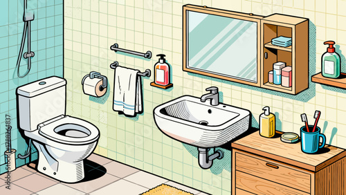 A collection of bathroom bath products, featuring cartoon hand-drawn vector illustrations, including body wash, shampoo, soap, toothbrush, toothpaste, mirror, towel and comb