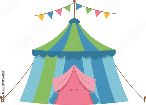 Colorful circus tent with festive flags and pink entrance curtain, fun carnival design for fairground, festival, or entertainment concept