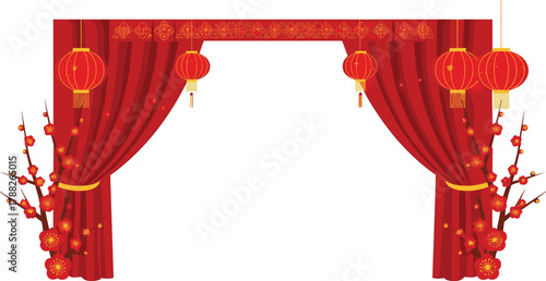 Red Chinese curtain frame with hanging lanterns and blooming plum flowers, festive border design for Lunar New Year celebration