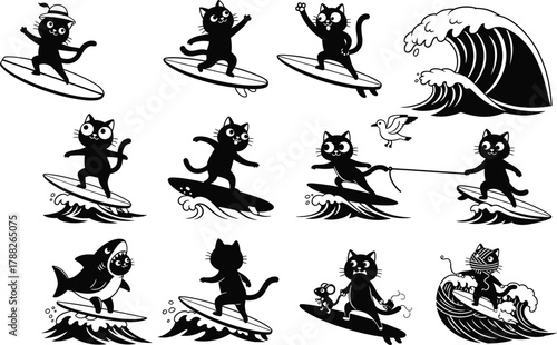 Cartoon cats surfing waves, humorous feline art, ocean sport illustration, playful animal design, whimsical stock image concept