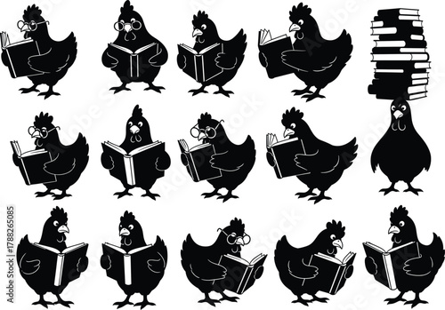 Cartoon chickens reading books, educational poultry art, humorous animal illustration, learning concept, whimsical farm stock design