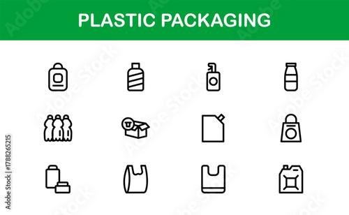 Plastic Packaging Modern Icon Set. Innovative, precise icons for packaging containers, bottles, and logistics management tools.
