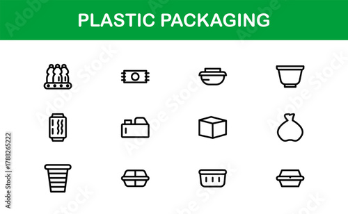 Plastic Packaging Line Icon Set. Streamlined, professional icons for product packaging, storage, and shipping workflows.
