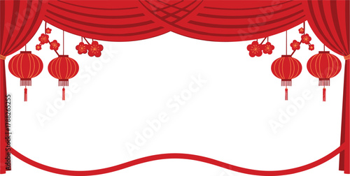 Red Chinese curtain background with hanging lanterns and plum blossoms, festive decoration frame design for Lunar New Year celebration theme