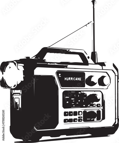 Emergency portable radio labeled "HURRICANE" with dual antennas, buttons, and handle in black and white style