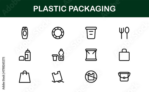 Plastic Packaging Outline Icon Set. Professional, detailed icons for containers, storage boxes, and product shipping workflows.
