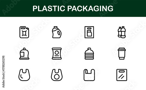 Plastic Packaging Thin Icon Set. Lightweight, precise icons for packaging materials, bottles, and storage solutions.
