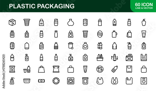 Plastic Packaging Glyph Icon Set. Functional, versatile icons representing bottles, boxes, and packaging workflow applications.
