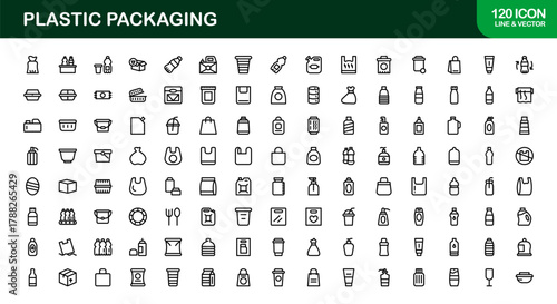 Plastic Packaging Outline Icon Set. Sleek, professional icons for storage containers, shipping boxes, and product packaging management.
