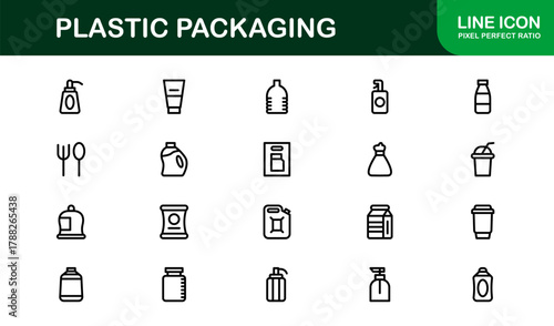Plastic Packaging Flat Icon Set. Clear, minimal icons for bottles, containers, and storage packaging solutions.
