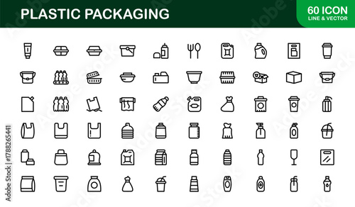 Plastic Packaging Line Icon Set. Modern, professional icons illustrating containers, bottles, and packaging workflow processes.
