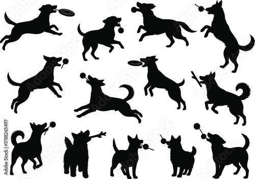 Dog silhouettes playing, jumping, running, frisbee catching, ball chasing, energetic pets, agility art, stock illustration