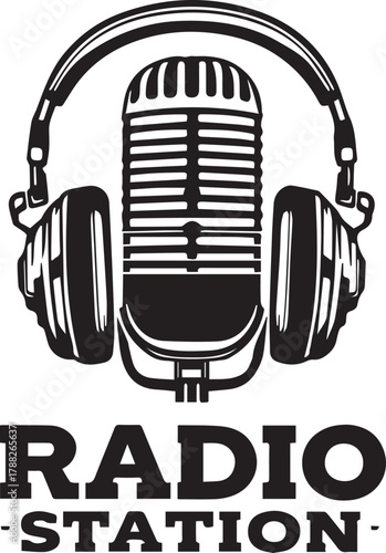 Vintage microphone with over-ear headphones and "RADIO STATION" text illustrated in black and white style