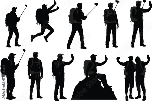 Hiking group silhouettes, adventure travelers, selfie sticks, outdoor exploration, backpackers, mountain journey, social media sharing, freedom