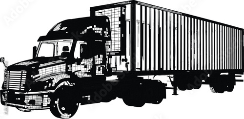 Wireframe truck, cargo trailer, freight transport, technical vehicle, logistics sketch, cad drawing flat vector illustration