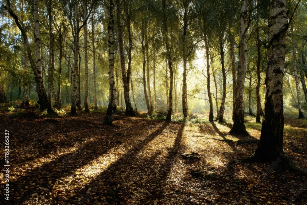 Obraz premium Sunlit Forest Canopy - Shadows and Light in the Woods.