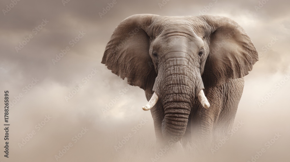 Naklejka premium Elephant With Raised Trunk Stands Proud Amidst Mist in a Serene Wildlife Setting