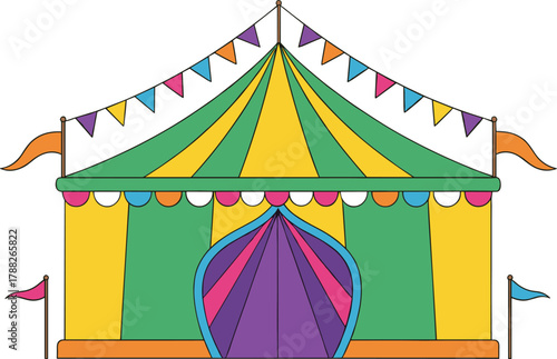 Colorful circus tent with flags and banners, green yellow pink and purple carnival pavilion illustration for festival fair and amusement park
