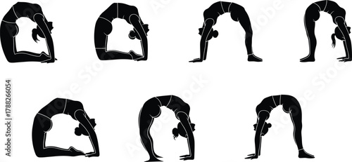Yoga backbend sequence illustration, wheel pose silhouette, fitness flexibility training, meditation posture art, wellness lifestyle, stretching exercise, balance discipline