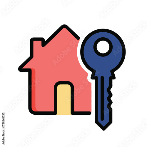 Vector illustration of red house icon with a blue key, symbolizing home ownership