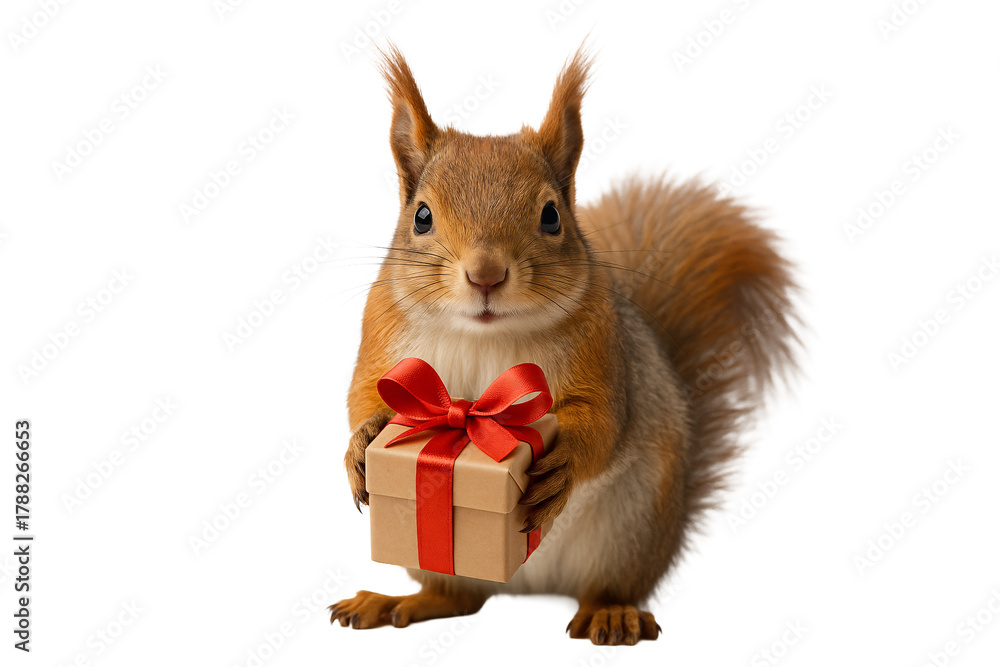 Obraz premium Little squirrel with red bow and present. Winter charm.