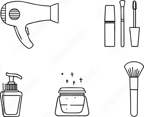 Beauty tool icons, hair dryer, pump bottle, glitter jar, makeup brush, lipstick set, personal care vector, grooming illustration