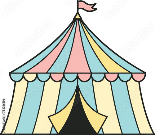Pastel circus tent illustration with pink, yellow, and blue stripes, cute carnival pavilion design, vector art for fair and festival