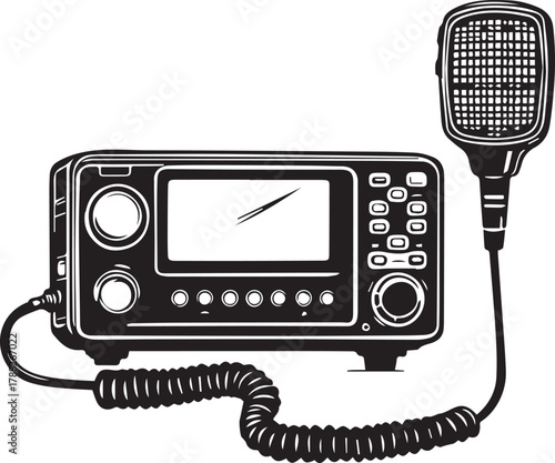 Two-way radio transceiver with handheld microphone, buttons, knobs, and coiled cord in black and white style
