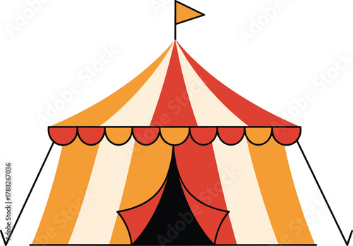 Colorful orange and red circus tent illustration with flag, vintage carnival pavilion design, vector art for fair, festival, and amusement