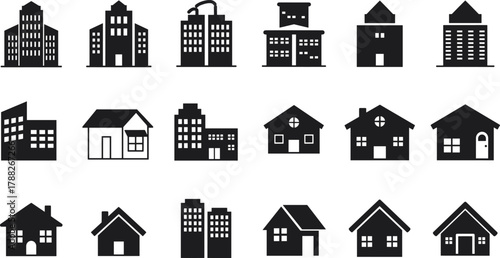 Building silhouette set, urban architecture, residential icons, commercial vector, cityscape clipart, black graphic, minimal design, skyline elements, modern style, structural pack