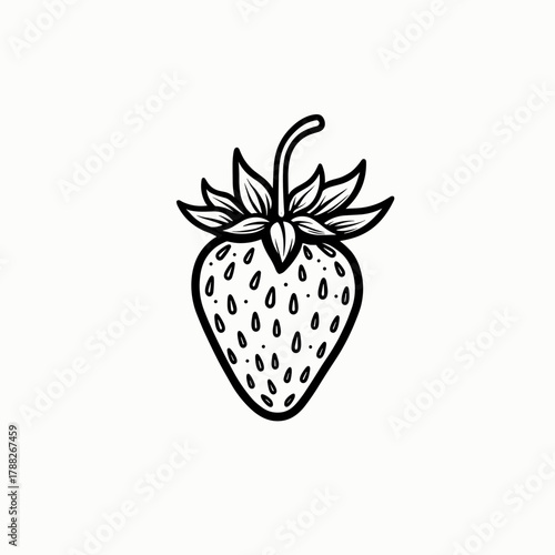 Black and white illustration of a strawberry with detailed outlines  