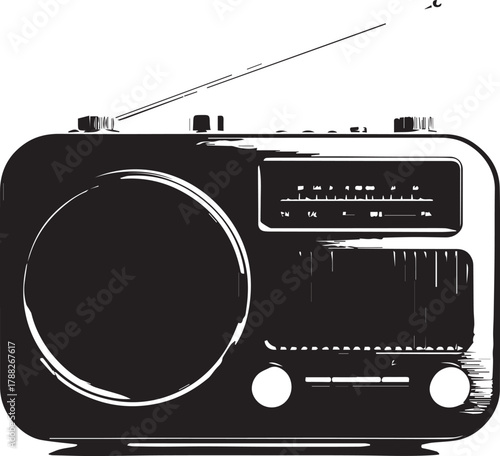 Vintage radio with large speaker, tuning dial, knobs, and antenna illustrated in black and white style