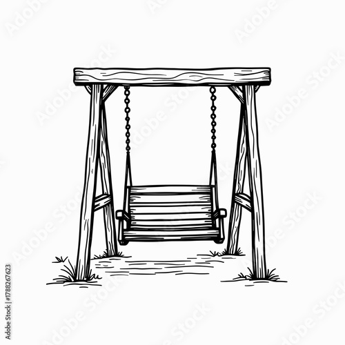 Wooden swing hanging from sturdy frame in grassy outdoor setting  