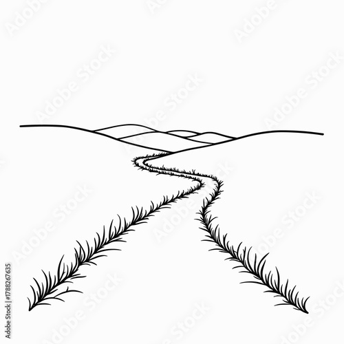 Simple black line drawing of a winding path through hills  