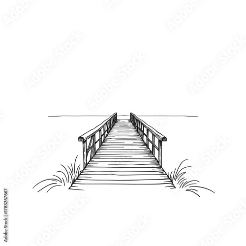 Hand-drawn wooden pier extending into calm water with grass  