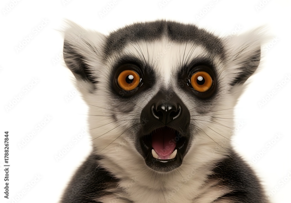 Naklejka premium Close up portrait of an adorable ring-tailed lemur, Lemur catta, with black and white fur, staring on a clean white background