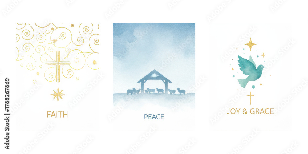 Naklejka premium Set of holiday-themed cards with faith, peace, and joy motifs