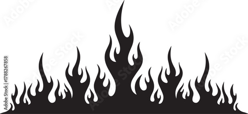 A stylized silhouette of a roaring fire with tall flickering flames rising upwards against a stark white background creating a powerful and dynamic graphic element for design