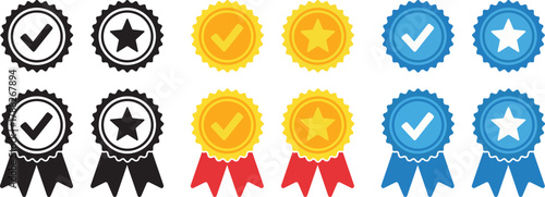 Collection of award badges and ribbons featuring checkmarks and stars in black white gold and blue for recognition and achievement concepts