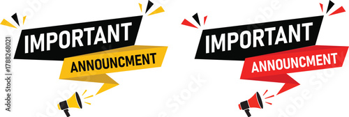 Two distinct graphic banners featuring the word important in bold black lettering above the word announcement in a contrasting color yellow and red with small megaphone icons and confetti elements sug