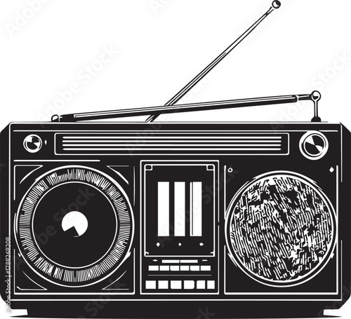 Vintage boombox with dual speakers, cassette deck, buttons, and antennas illustrated in black and white style