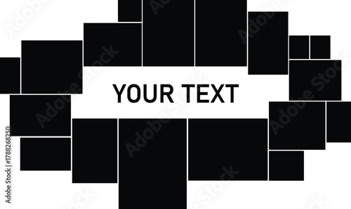 Abstract geometric arrangement of overlapping black squares and rectangles forming a circular border around a central white space for text and copy space
