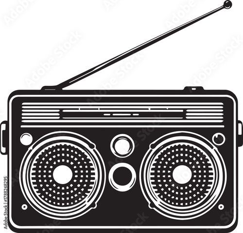 Vintage portable radio with dual circular speakers, tuning display, and antenna in bold black and white style