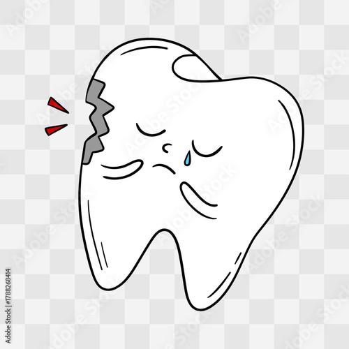 Hand-drawn sad cracked tooth illustration with cute cartoon face. Broken tooth character expressing pain and sadness, perfect for dental posters, educational materials, oral health, children’s dental 