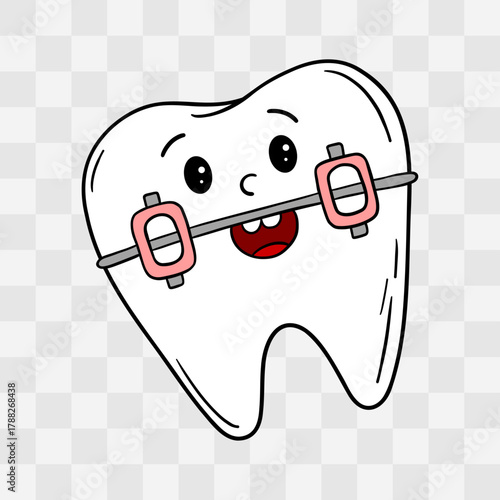 Hand-drawn cute tooth with braces smiling happily. Fun and friendly dental character illustration orthodontic clinics, dental posters, kids’ dental education, and oral hygiene materials